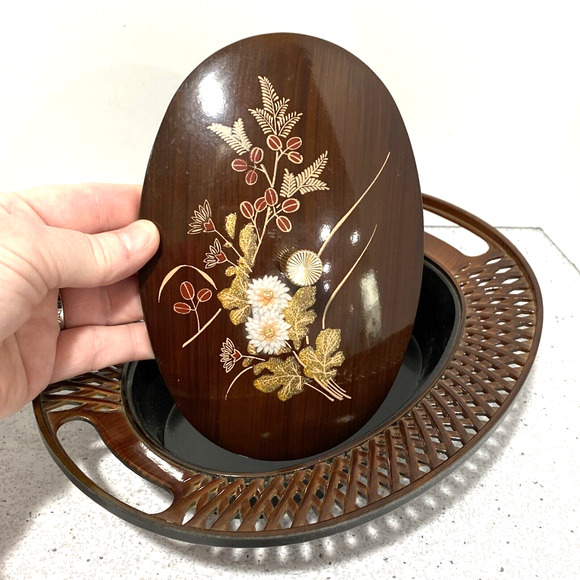 Vintage Asian Faux Wood Lacquer Lattice covered candy dish mid century floral - Picture 2 of 10